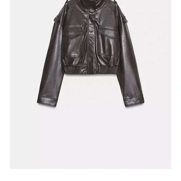 Zara Brown Faux Leather Bomber Jacket - Picture 8 of 9